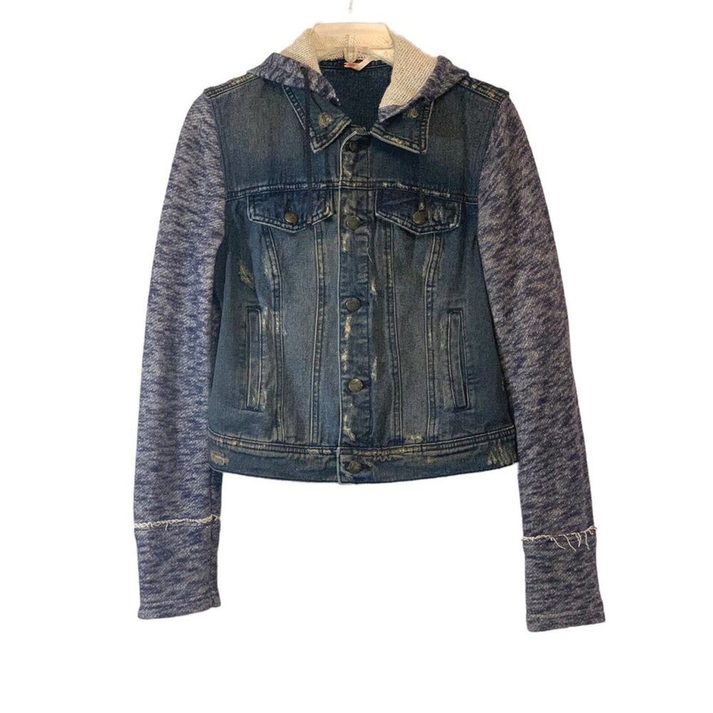 Free People Distressed Denim Body Sweater Sleeves Removable Hood Jacket Small